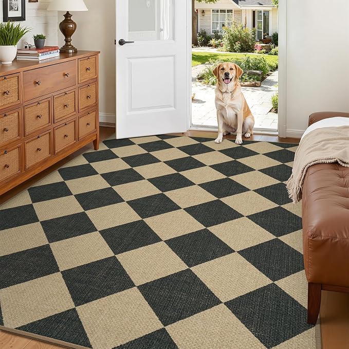 Lessymo Checkered Easy Jute 4x6 Area Rugs, Washable Rug for Living Room | Non Slip Carpet for Bedroom Backyard Dining Room Indoor Outdoor, Kid Pet Friendly, Farmhouse Geometric Diamond Black/Beige