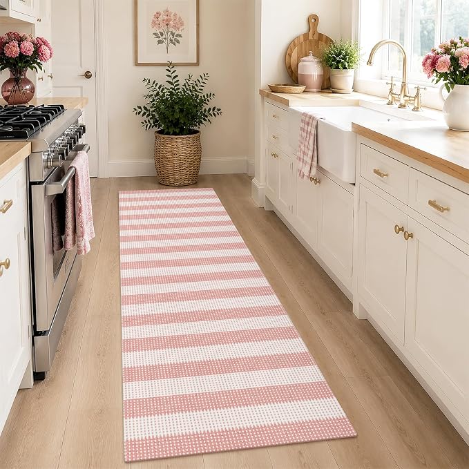 Rugalia Pink Woven Indoor Outdoor Runner Rug 2x6, Washable Striped Cotton Rug Runners for Hallway Non-Slip Long Kitchen Mat, Modern Neutral Throw Runner Carpet for Entryway Porch Patio