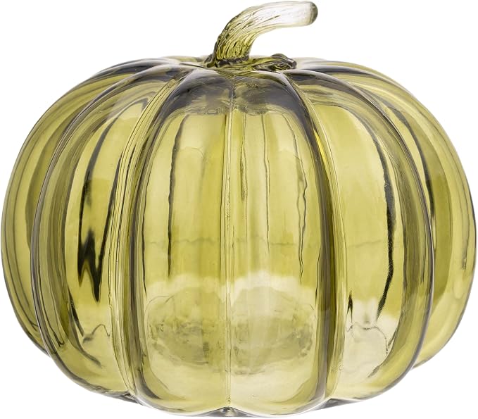 Boston International Handblown Art Glass Pumpkin Thanksgiving Halloween Decorations for Home, Small, Olive Green