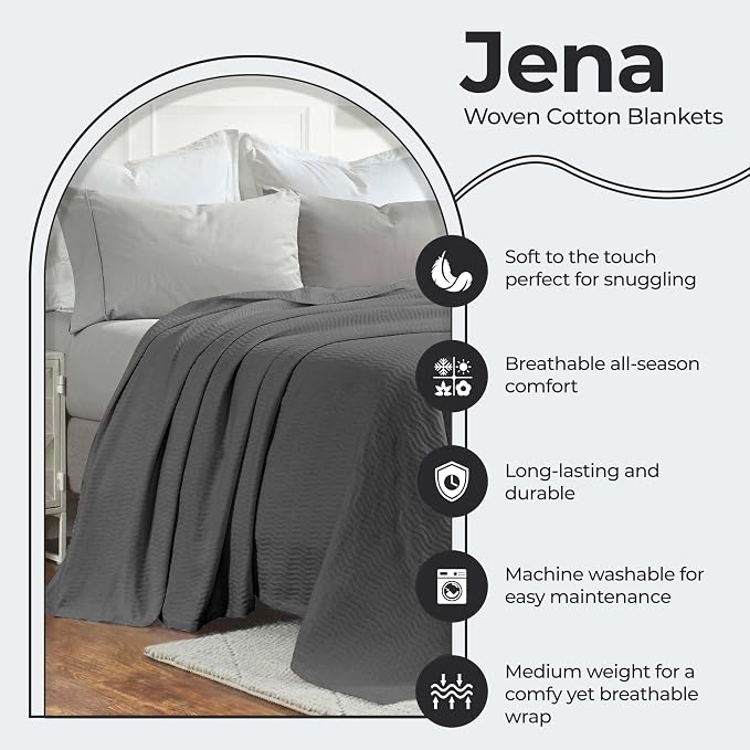 Superior JENA Cotton Blanket, for Picnic, Beach, Traveling or Camping, Bedroom Decor, Essentials, Cover for Bed, Couch, Lounging, Textured Jacquard, Modern Chevron Woven Blanket, Twin, Charcoal
