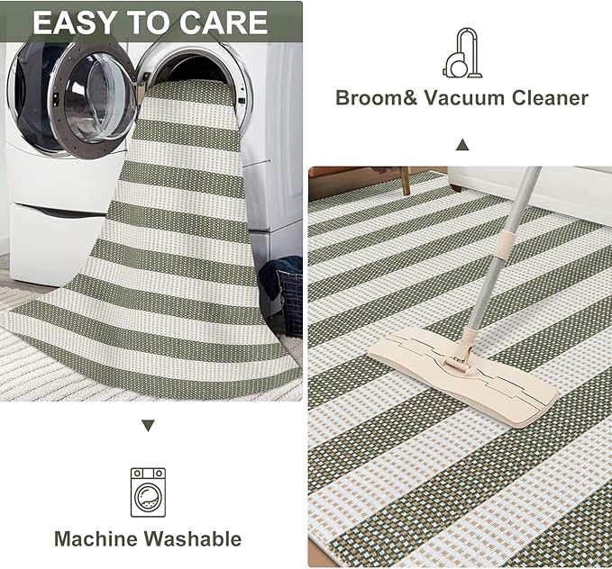 LEEVAN Outdoor Patio Rug 3x5, Washable Striped Front Porch Mat, Spring Colorful Outside Entryway Rug, Woven Welcome Doormat Green and White Buffalo Backyard Layered Mat for Entrance/Go Away/Deck