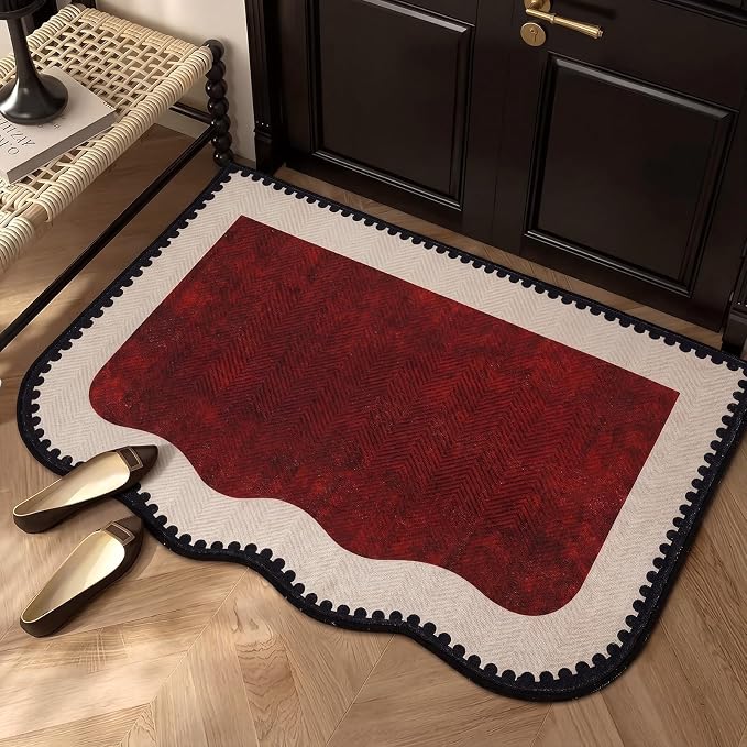 Breling Dark Red Entryway Rug 2 x 3 ft Large Scalloped Welcome Mat Non Slip Washable Doormat Front Door Throw Rug for Farmhouse Indoor Kitchen Laundry Porch Bathroom Decor