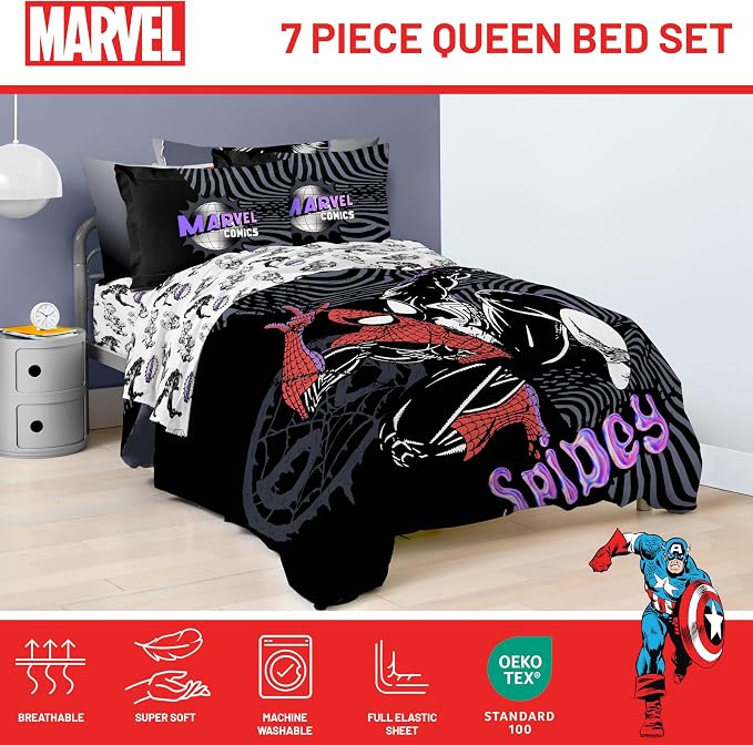 Marvel Comics Spiderman Queen Comforter Set 7 Piece Soft Bedding, Black | Venom, Bed in a Bag, Comforter Sheets Shams Pillowcases, Official Product, Soft Microfiber, Machine Washable, Boys Gift