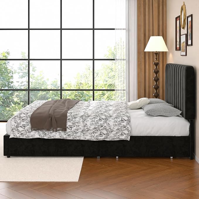 VECELO Queen Size Upholstered Bed Frame with 4 Drawers and Headboard, Velvet Platform Storage Bedframe, Wooden Slats Support, No Box Spring Needed,Black
