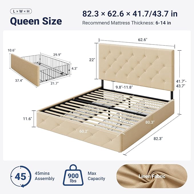 Allewie Upholstered Queen Size Platform Bed Frame with 4 Storage Drawers and Headboard, Diamond Stitched Button Tufted, Mattress Foundation with Wooden Slats Support, No Box Spring Needed, Beige