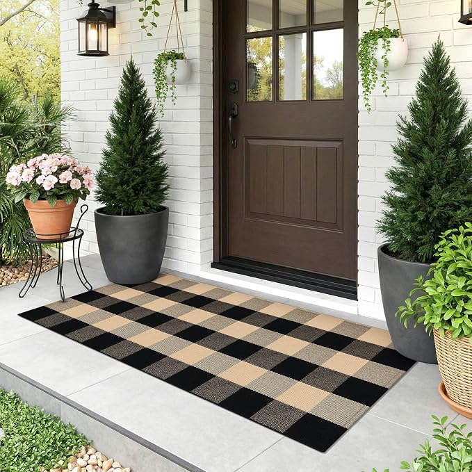 KOZYFLY Buffalo Plaid Area Rugs 2x4.3 Ft Brown and Black Rug Washable Front Door Mat Woven Cotton Indoor Outdoor Rug for Front Porch Kitchen Entryway Patio Farmhouse Checkered Doormat