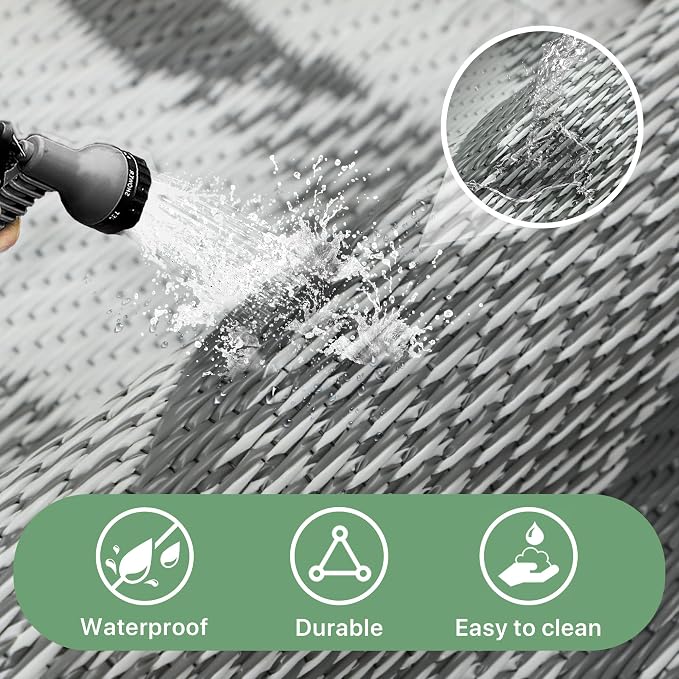 GENIMO Outdoor Rug, Waterproof Plastic Rugs for Patio, 6'x9' Grey White | Outside Larger Leaf Carpet Mat for Porch Decor, Deck, Balcony, Camping, RV, Backyard, Picnic, Beach, Reversible, Foldable