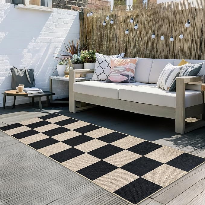 COZYLOOM Checkered Area Rug 2x8 Runner Rug for Hallway Non Slip Stain Resistant Rugs for Kitchen Modern Geometric Non Shedding Low Pile Door Mats for Bathroom, Bedroom, Entryway, Laundry Room, Black