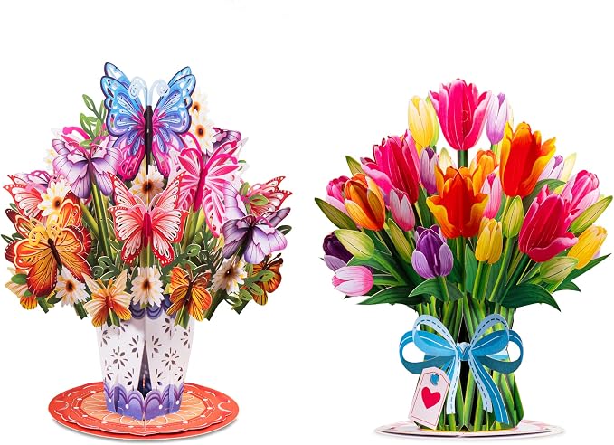 Paper Love HugePop Flower Bouquet Pop Up Cards 2 Pack - Includes 1 Butterfly Bouquet and 1 Tulip Bouquet, Gift For Mothers Day, Birthday, Valentines Day, All Occasions - Jumbo 10" x 14" Card