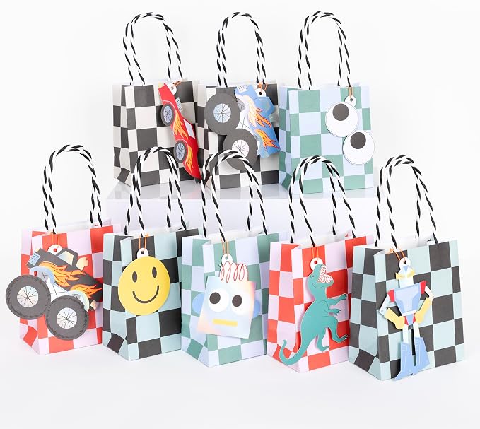 Meri Meri Toybox Icon Paper Party Bags (Pack of 8), 80s Theme Party Favor Bags, Colorful Tags & Stickers, Retro Birthdays, Ages 3+