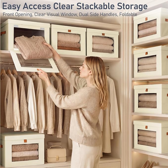 DIMJ Storage Bins with Lids - 4 Pack Front Opening Stackable Fabric Storage Boxes with Clear Window & Handles, Collapsible Closet Organizers for Clothes, Sweaters, Shelf Storage, Bedroom, Beige