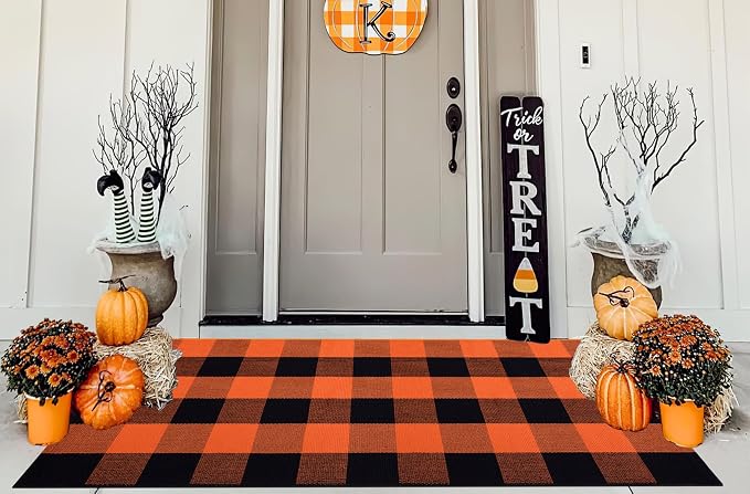 Orange and Black Outdoor Rug 2x4ft,Halloween Front Porch Rug Fall Cotton Woven Washable Layering Rug for Porch,Entryway,Hallway Indoor Outdoor