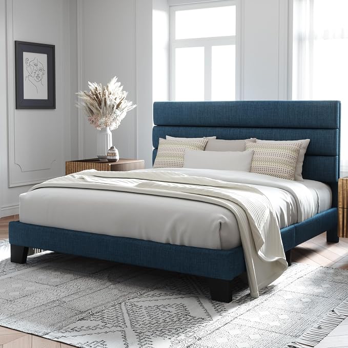 Allewie King Size Platform Bed Frame with Fabric Upholstered Headboard Blue | Wooden Slats Support, Fully Upholstered Mattress Foundation, No Box Spring Needed, Easy Assembly, Noise-Free, Blue