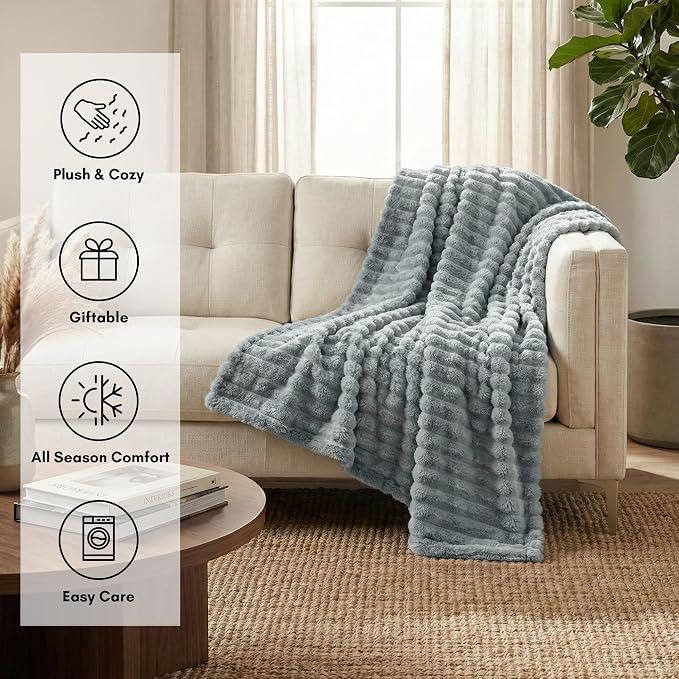 Americanflat 60x80 Faux Fur Throw Blanket - Soft and Breathable Throw Blanket for Couch, Bed, Chair - Gray Faux Fur Blankets Perfect for Home, Bedroom, or Outdoor Use