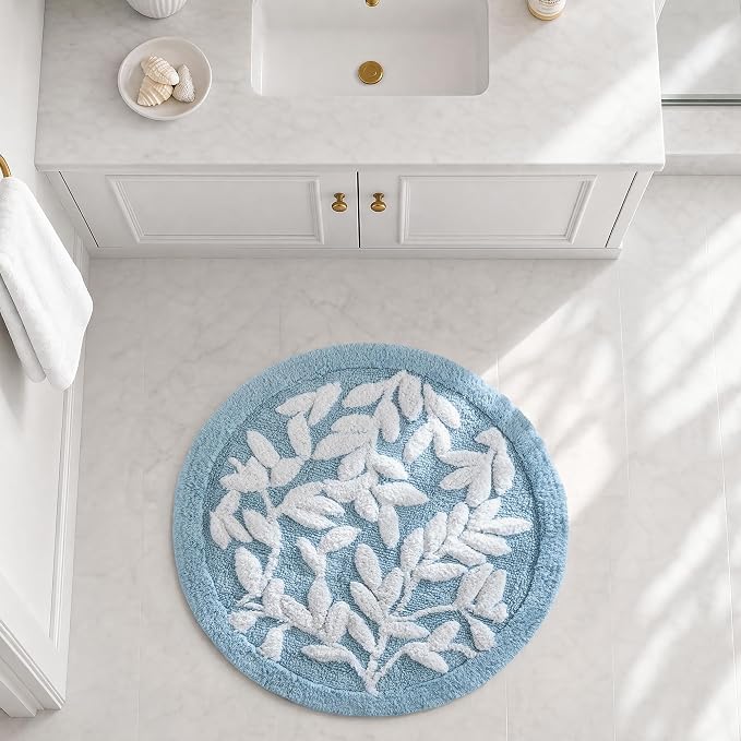 Madison Park Serene Tufted Bath Rug Cotton Absorbent, Round, Blue | Quick Dry, Soft Pile, Machine Washable, Floral Pattern, Plush, OEKO-TEX Certified