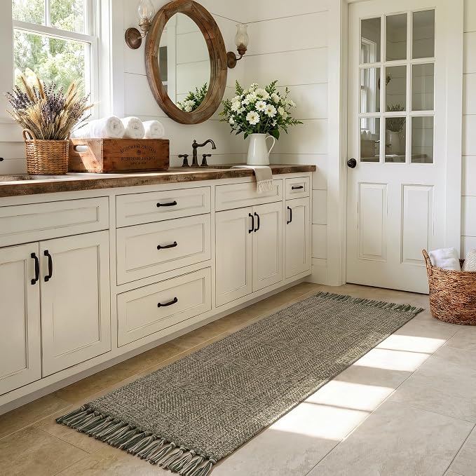 Collive 2' x 6' Kitchen Runner Rug, Modern Farmhouse Washable Bathroom Mat, Boho Moss Green Hallway Runner Rugs Hand-Woven Reversible Bedroom Carpet for Laundry Entryway Home Decor