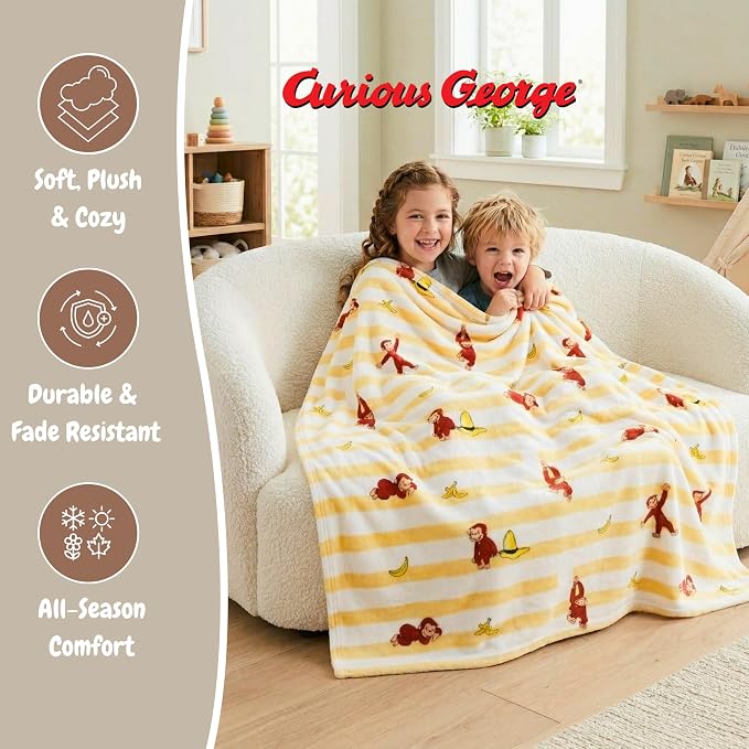 Curious George Monkey Kids Throw Blanket, 46 in x 60 in, Soft Cozy Decorative Blanket for Couch, Bed, or Travel (Officially Licensed Product) by Franco