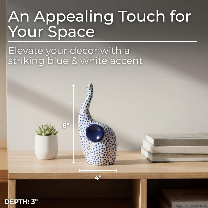 Ceramic Elephant Figurine Sculpture – Artful Room Decor Accent, Shelf, Desk, or Mantel Placement, Boho Home Decor Detail with Symbolic Charm – 8", Blue and White Finish