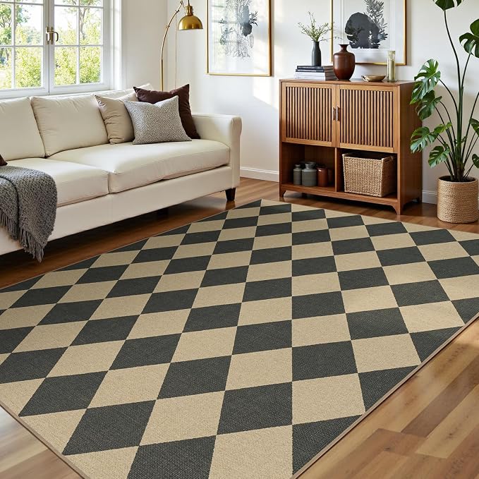 Lessymo Checkered Easy Jute 5x7 Rugs, Washable Patio Rug for Living Room | Farmhouse Indoor Outdoor Carpet, Non Slip for Bedroom Backyard Dining Room, Stain Resistant, Geometric Diamond Black/Beige