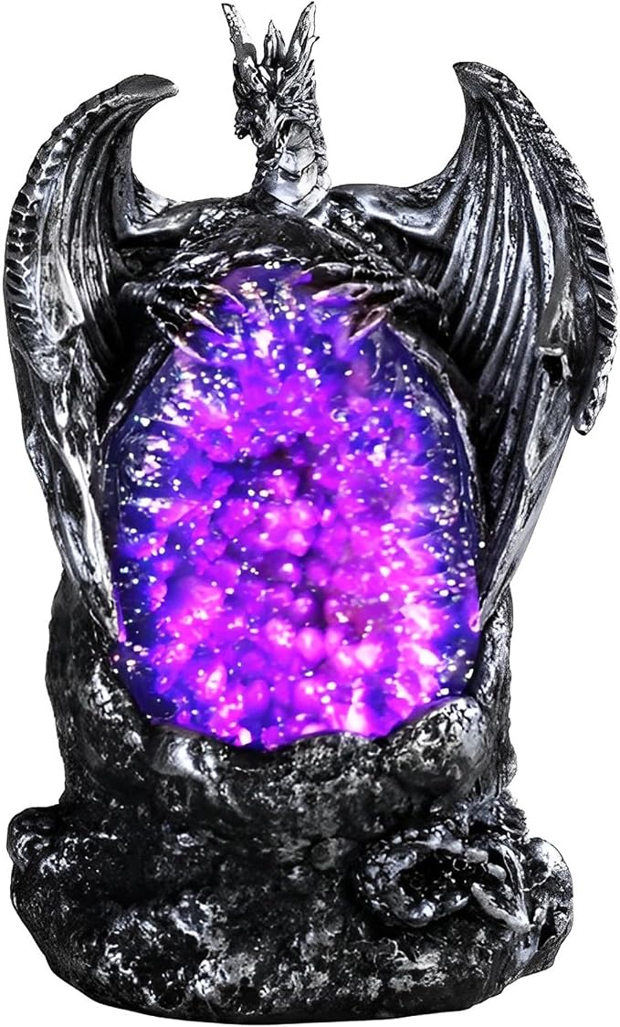 ICE ARMOR 5" H Silver Dragon with LED Purple Faux Crystal Stone Statue Fantasy Decoration Figurine