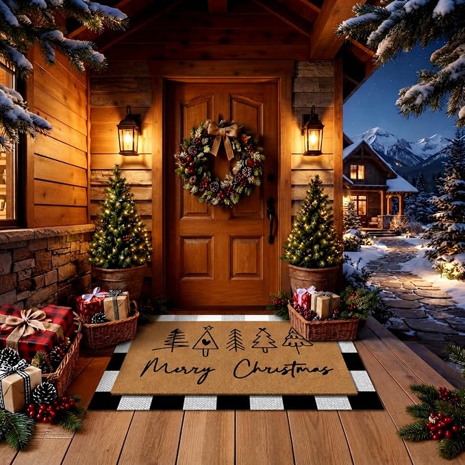 Tinideya 2 Pcs Door Mat Welcome Non Slip Coir Mats Floor Layering Doormats Seasonal for Front Porch Entryway Decor(Christmas)