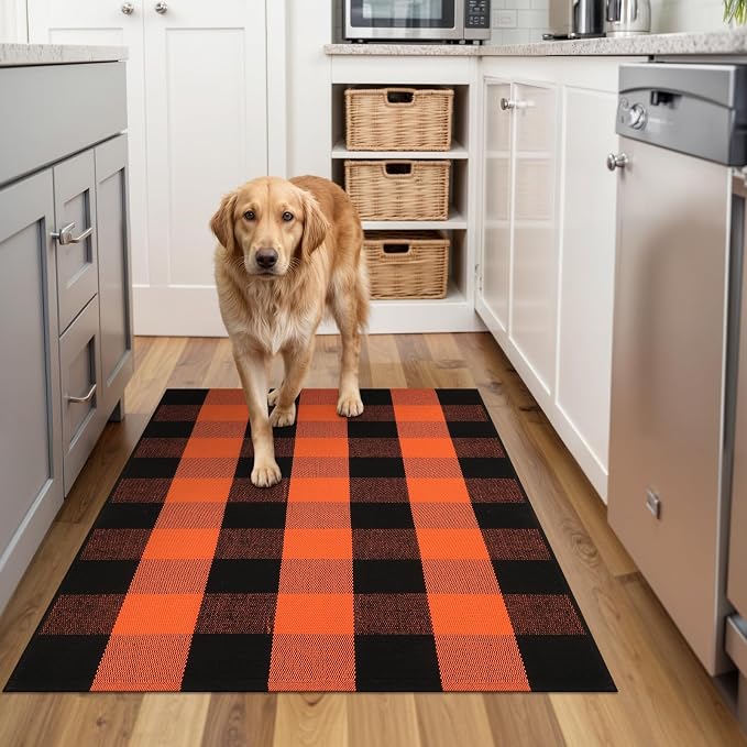 Collive Buffalo Plaid Checkered Outdoor Rug, Black and Orange Halloween Fall Decor Door Mat, Washable 27.5x43 Inches Front Porch Rug, Layered Welcome Mat Doormat for Porch Entryway Patio Kitchen