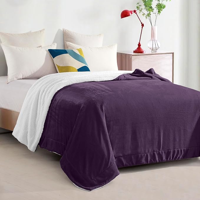 Elegant Comfort Ultra Soft Reversible Flannel Sherpa Blanket - Cozy Silky Fleece Throw for Couch, Bed - Plush Fuzzy Warm Winter Blanket for Gift, Queen, Purple