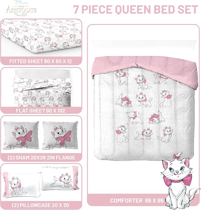 Disney Aristocats Marie Queen Comforter Set 7 Piece Kids Bedding, White | Bed in a Bag, Comforter Sheets Shams Pillowcases, Official Brand, Soft Microfiber, Machine Washable, Girls Gift