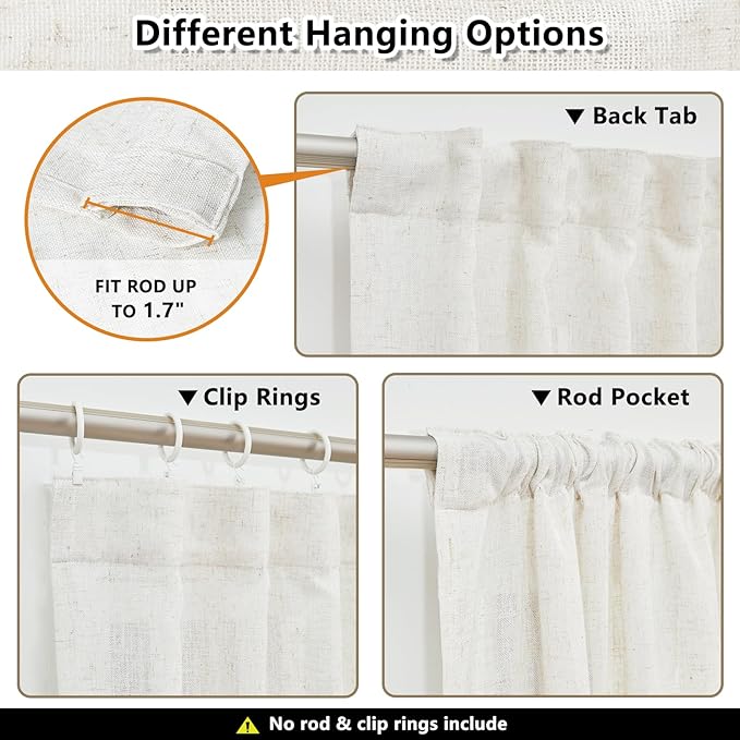MYSKY HOME 90 Inches Long Linen Curtains for Living Room, Semi Sheer Bedroom Curtains Farmhouse Boho Room Decor Sliding Glass Patio Doorways Light Filtering Privacy Protect, 50" x 90", Linen, 2 Panels