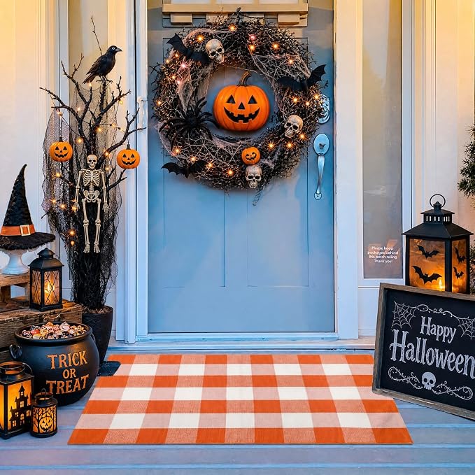 Buffalo Plaid Outdoor Rug 27.5" x 43" Orange and White Checkered Area Rug Halloween Washable Doormats Fall Indoor Outdoor Rugs for Layered Front Door Mats, Porch, Entryway, Kitchen, Farmhouse