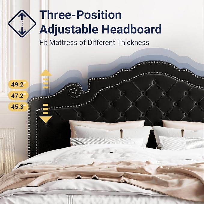 Allewie King Bed Frame with Adjustable Velvet Tiara Headboard, Upholstered Diamond Button Tufted Platform Bed, Wood Slats Support, No Box Spring Needed, Mattress Foundation, Easy Assembly, Black
