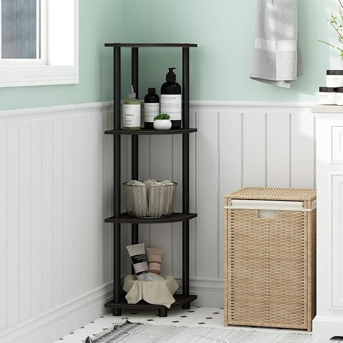 Furinno TURN-N-TUBE Corner Shelf, 4-Tier Corner Bookshelf, Display Storage Shelves with Open Shelves, for Organization and Storage, Living Room, Home Office, Garage, Espresso