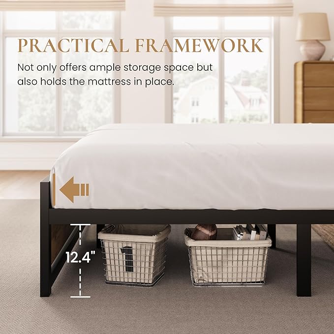 SHA CERLIN Heavy Duty Full Size Bed Frame with Modern Headboard, Brown | Platform Metal Base with Square Footboard and 13 Strong Slats Support, No Box Spring Needed