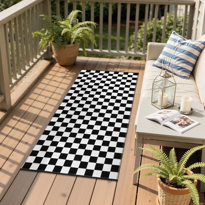 Seavish Black and White Checkered Rug, 2x4.3 Ft Outdoor Front Door Rugs | Low Pile Washable Cotton Woven Runner Rugs, Reversible Layered Floor Door Mat for Front Door Hallway Entryway Porch Patio
