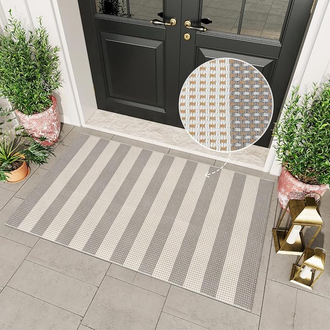 OJIA Indoor Outdoor Rugs 3'x5' Washable Area Rug Entryway Front Door Mat | Striped Front Porch Rug Outdoor Mats Cotton Small Indoor Carpet for Entry/Patio/Deck/Balcony/Bedroom/Living Room Gray/White