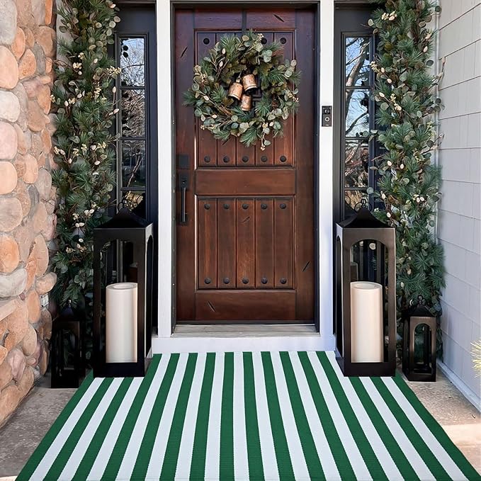 St. Patrick's Day Striped Outdoor Rug Green and White Spring Door Mat 3' x 5' Layered Welcome Mat for Farmhouse Spring Easter Front Porch Entryway Decor