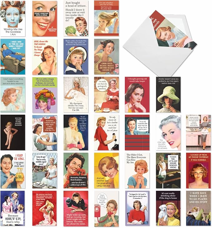 NobleWorks Vintage Femme Sassy Cards 36 Assorted Funny Birthday Cards, Mixed Vintage Retro Naughty Humor Women Bulk Box Set Envelopes (36 Designs, 1 Each) Ephemera Femme Festival AC9377BDG-B1x36