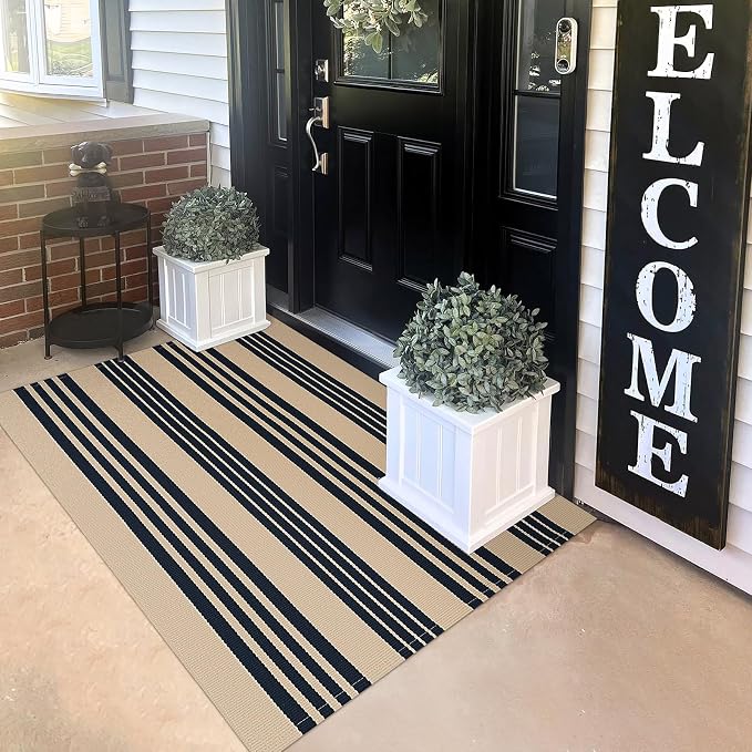 KILOCOCO Striped Rug 3x5 ft Washable Front Door Outdoor Rug, Brown Black | Cotton Layered Doormats, Washable Front Porch Rug, Woven Low Pile Welcome Mat for Kitchen Entryway Farmhouse Patio