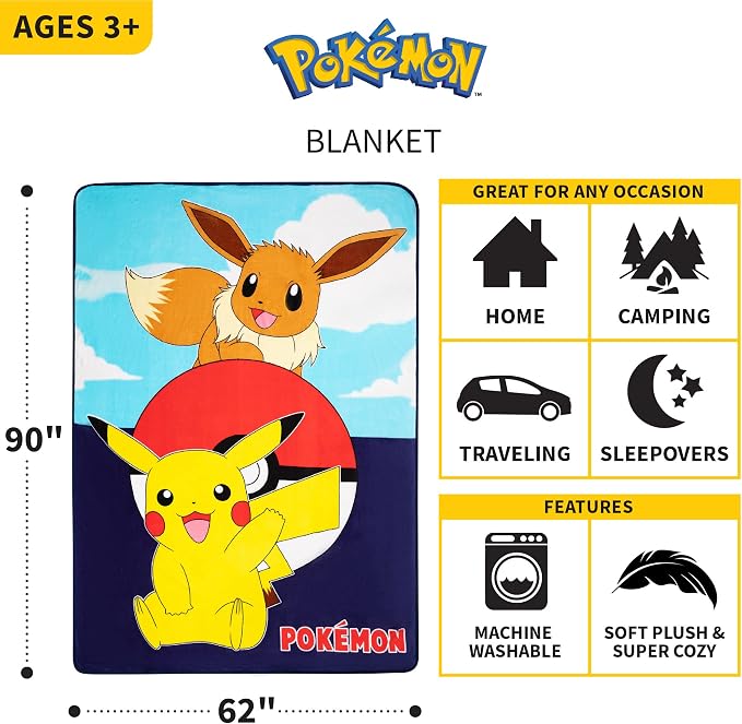 Franco Kids Bedding Super Soft Plush Micro Raschel Blanket, 62 in x 90 in, Pokemon - Design may vary