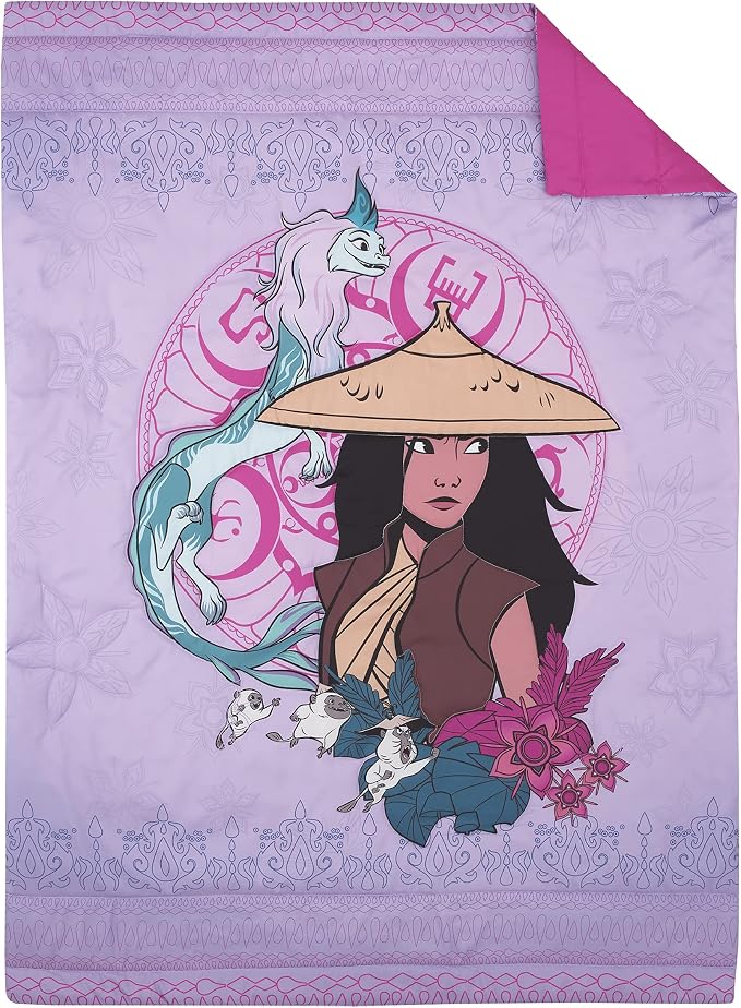 Disney Raya and The Last Dragon Mythic Pop Lavender, Magenta, and Blue with Sisu Dragon and Tuktuk 4 Piece Toddler Bed Set - Comforter, Fitted Bottom Sheet, Flat Top Sheet, and Reversible Pillowcase