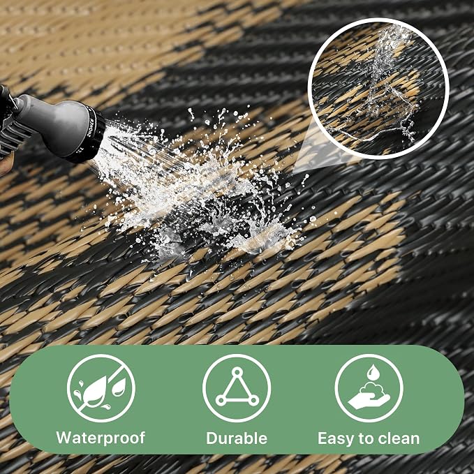 GENIMO Outdoor Rug, Waterproof Plastic Rugs for Patio, 8'x10' Black Brown | Outside Larger Leaf Carpet Mat for Porch Decor, Deck, Balcony, Camping, RV, Backyard, Picnic, Beach, Reversible, Foldable