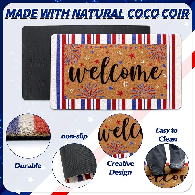 4th of July Patriotic artificial Coir Door Mat USA Red White Blue Stripe Welcome Mats 17x30 inches Star Fireworks Shell Fiber Rug Independence Memorial Day Doormat 250 Anniversary Indoor Outdoor Decor