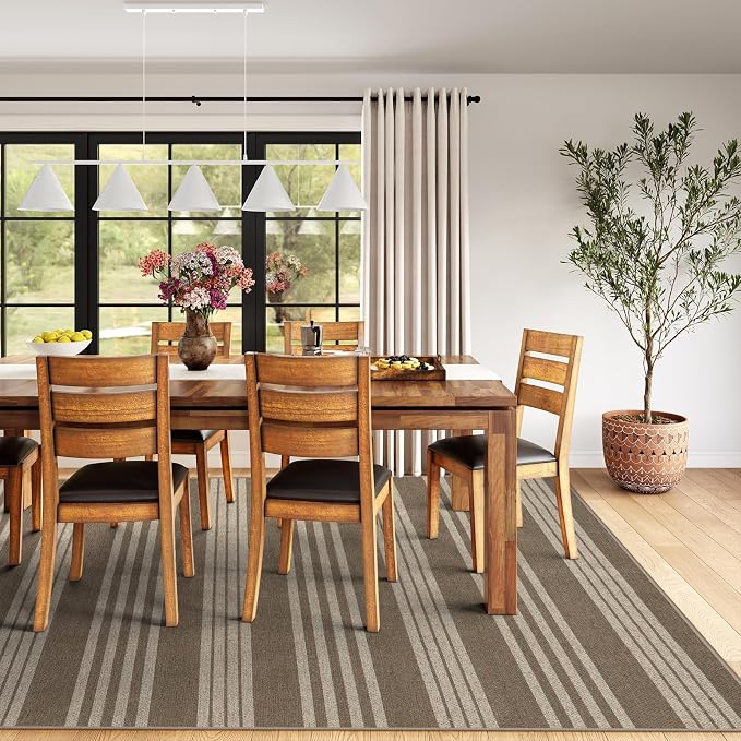 Lahome Striped Easy Jute Dining Room Rug, 8x10 Outdoor Patio Rugs Washable | Patio Living Room Area Rug, Modern Farmhouse Large Non Slip Non Shedding Carpet for Deck Sunroom Mudroom Backyard, Khaki