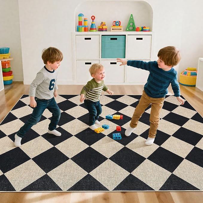 GarveeHome Easy Jute 8x10 Area Rugs for Living Room Checkered Rugs Machine Washable Non-Slip Backing Indoor Outdoor Carpets for Farmhouse Dining Room Nursery Patio Black