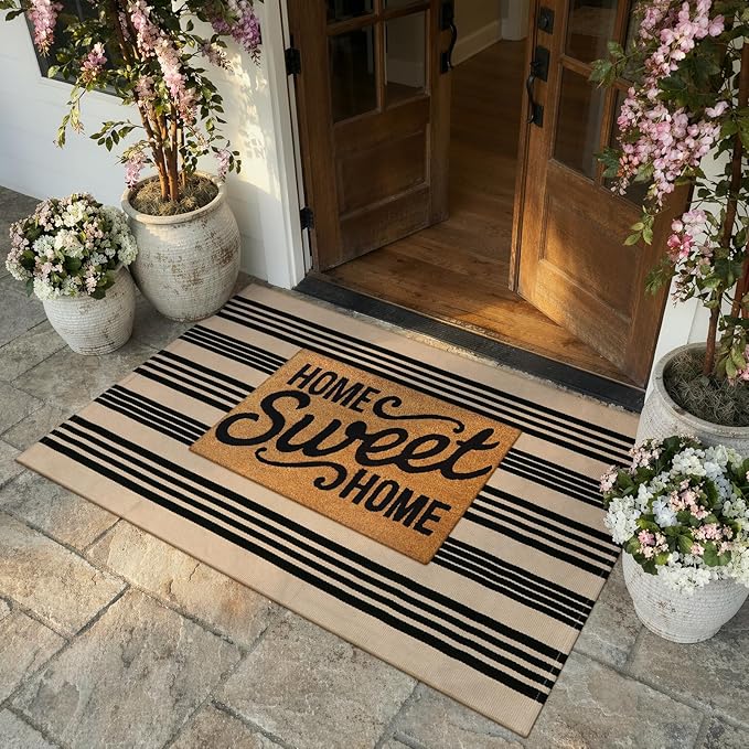 KIMODE Striped Outdoor Rug 3'x 5',Washable Reversible Striped Outdoor Patio Rugs,Cotton Hand Woven Farmhouse Welcome Layered Door Mats for Front Door Entryway Porch Fall Decor Black and Khaki