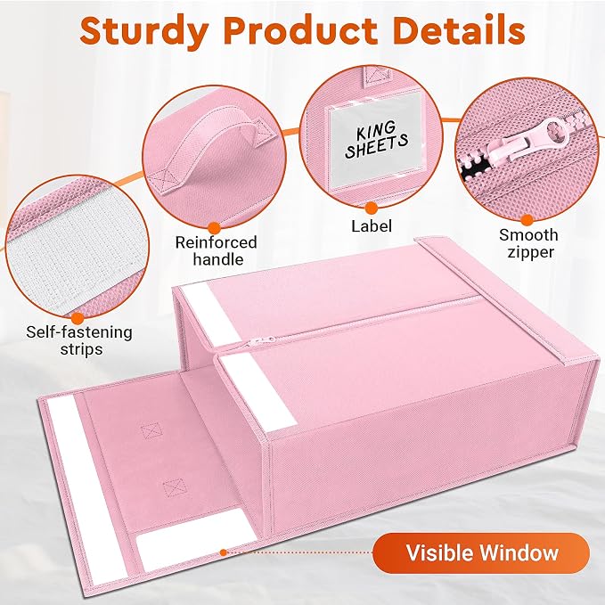 StorageTastic 6 Pack Bed Sheet Closet Organizers and Storage,Sturdy Foldable Storage Containers with Window and Label,Storage and Organization for Bedding Sheets,Duvet Covers,Blankets (Pink)