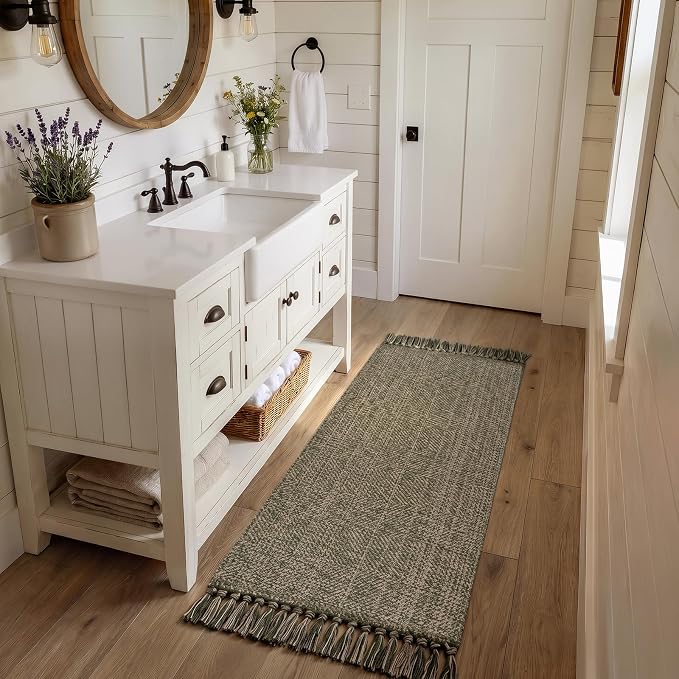 Collive Moss Green Bathroom Runner Rug, 2' x 5' Modern Farmhouse Kitchen Runner Rug Hand-Woven Entryway Rugs Runners for Hallway, Boho Washable Laundry Carpet Indoor Front Door Mat for Bedroom Decor