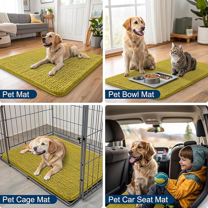 Smiry Dog Door Mat for Muddy Paws 36x24, Absorbent Dirt Trapper, Non-Slip Washable Chenille Entryway Rug for Inside Floor, Mustard Yellow, Classic Solid