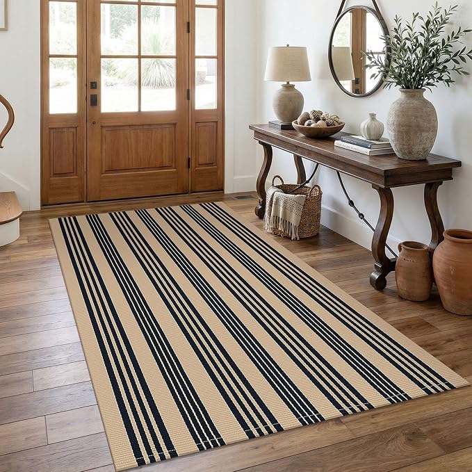 KOZYFLY Striped Rug 4x6 ft Front Door Rugs Cotton Woven Washable Indoor Outdoor Rug Brown Black Large Entrance Doormat for Front Porch Kitchen Patio Farmhouse Decor