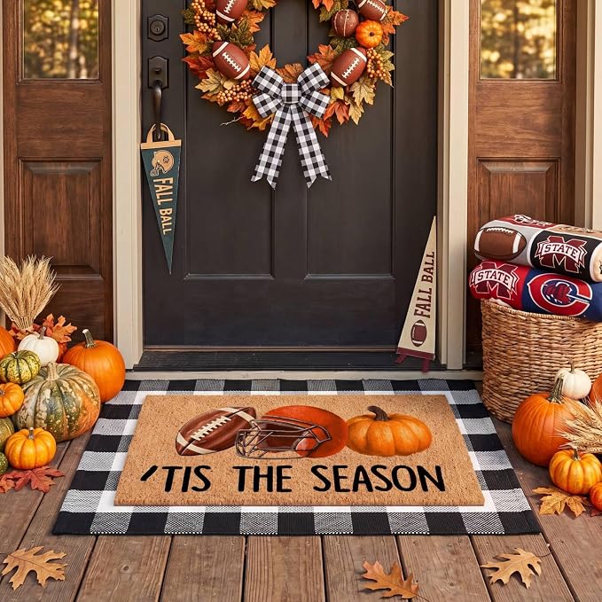 Moucuny 2 Pcs Fall Coir Doormat Outdoor Its The Season Football Doormat with Black and White Plaid Outdoor Rug Non Slip Mats for Autumn Entrance Porch Front Decor, 24'' x 35'', 16'' x 28''